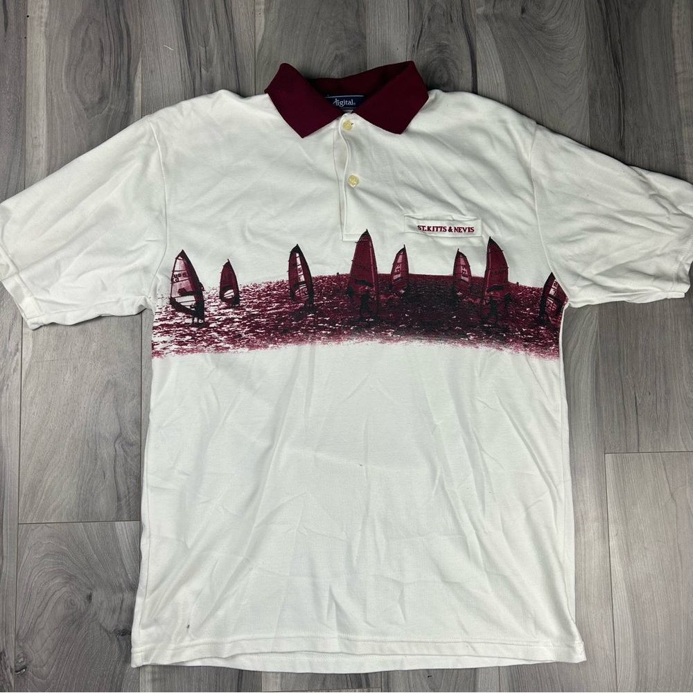 Vintage Digital St. Kitts & Nevis Sailboat Graphic Polo Shirt Size Large
